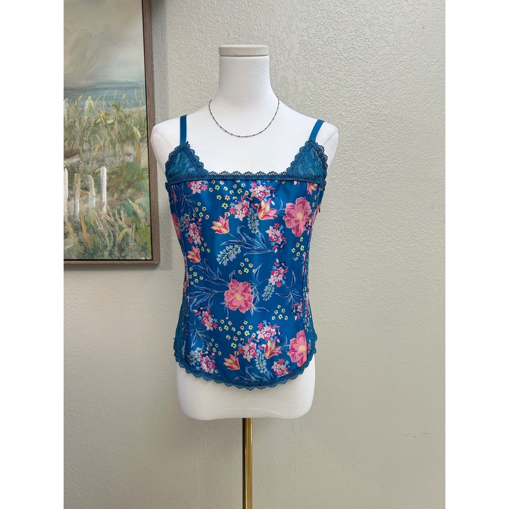 Blue Floral Satin Lace Corset Cami Bustier Top XL Cottagecore Coquette
